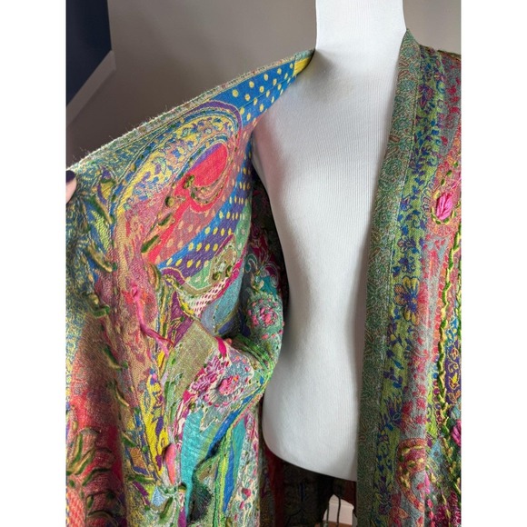 ANU Artisan Boho Wool Patchwork Kimono Jacket Coat Fringe Tassel S/M Festival - Picture 3 of 9